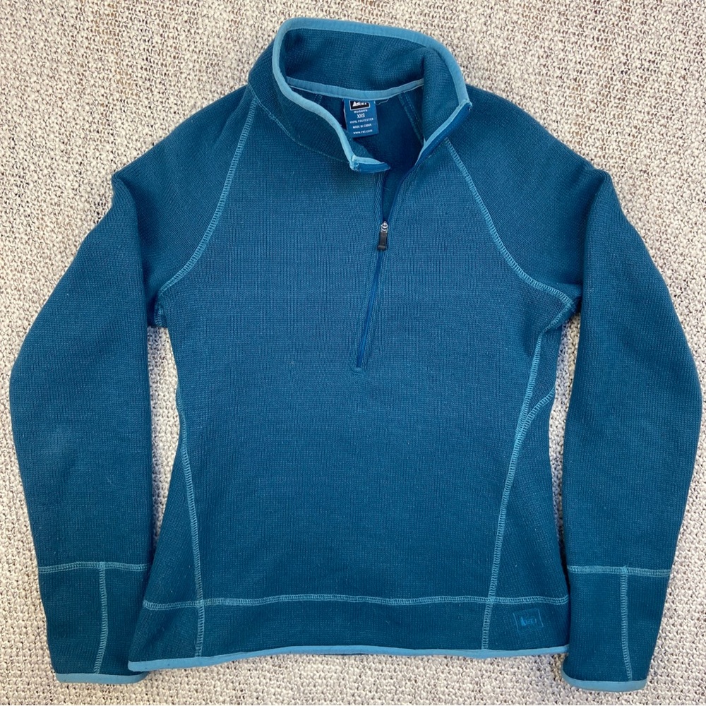 REI Half 1/2 Zip Sweatshirt Jacket Women XXS Teal Sweater Fleece Winter KNIT